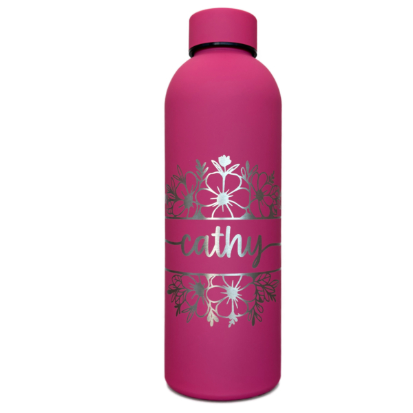 Rose Red Stainless Steel water bottle with a laser engraved floral banner personalised with the name Cathy in the centre.