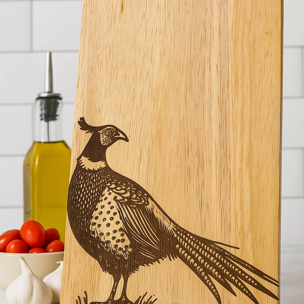 Engraved serving board featuring Scotland’s elegant Pheasant, handcrafted from sustainable rubberwood.