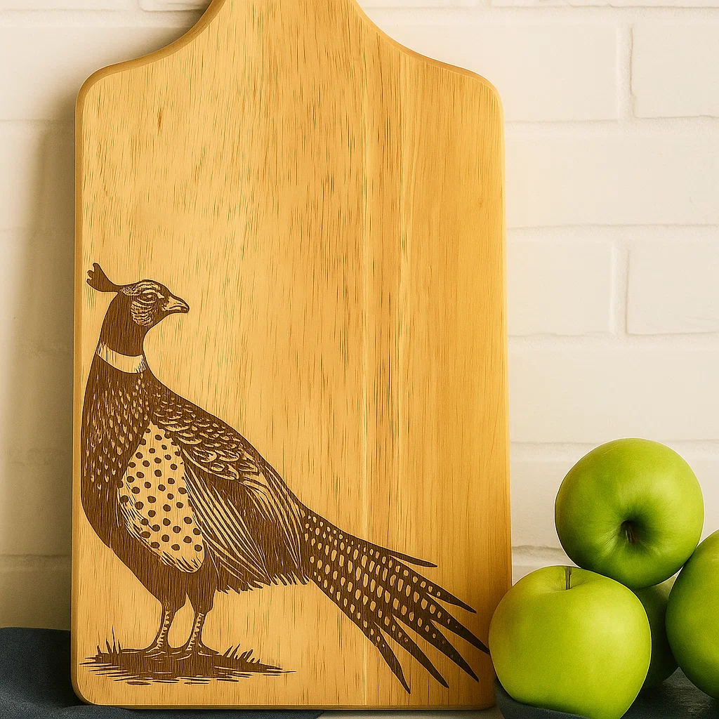 Engraved serving board featuring Scotland’s elegant Pheasant, handcrafted from sustainable rubberwood.