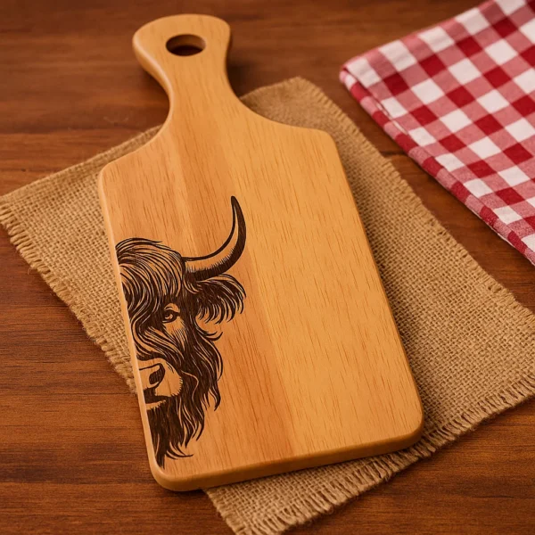 Rustic serving board engraved with Scotland’s iconic Highland Cow, made from eco-friendly rubberwood.
