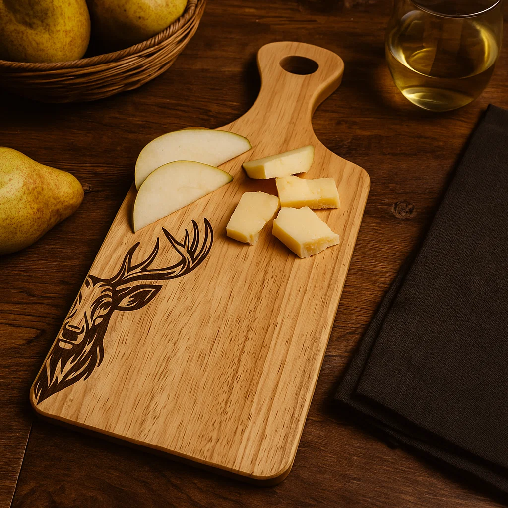 Engraved Scottish serving board featuring a detailed Stag design.