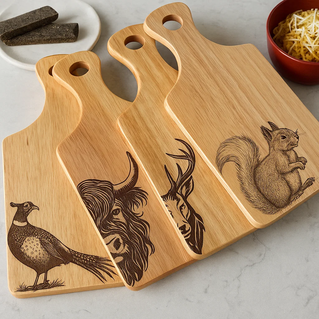 Set of four engraved Scottish wildlife serving board, featuring Stag, Highland Cow, Red Squirrel, and Pheasant designs.