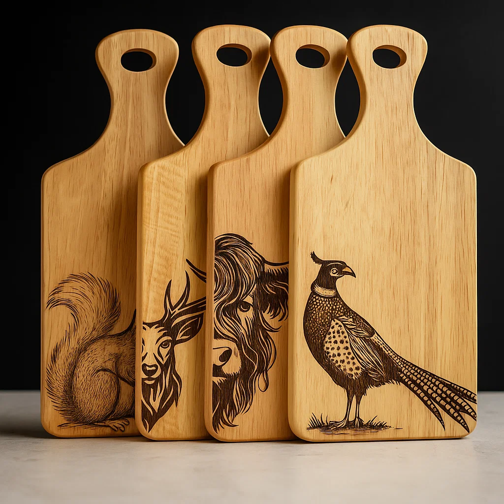 Set of four engraved Scottish wildlife serving board, featuring Stag, Highland Cow, Red Squirrel, and Pheasant designs.