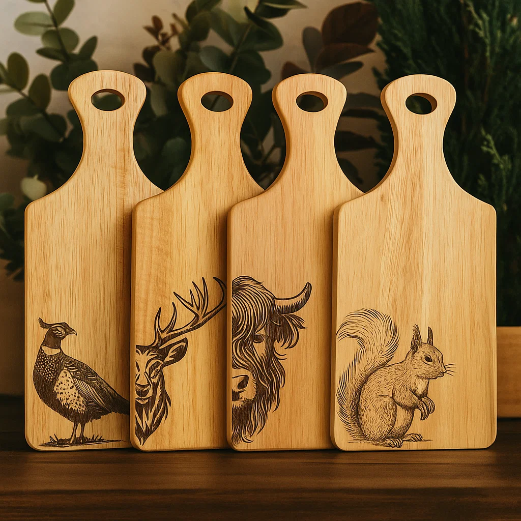 Set of four engraved Scottish wildlife serving board, featuring Stag, Highland Cow, Red Squirrel, and Pheasant designs.