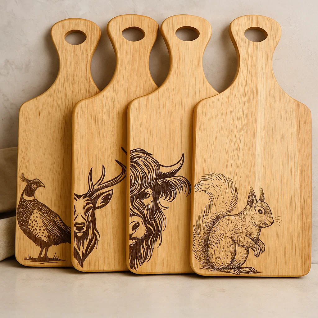 Set of four engraved Scottish wildlife serving board, featuring Stag, Highland Cow, Red Squirrel, and Pheasant designs.