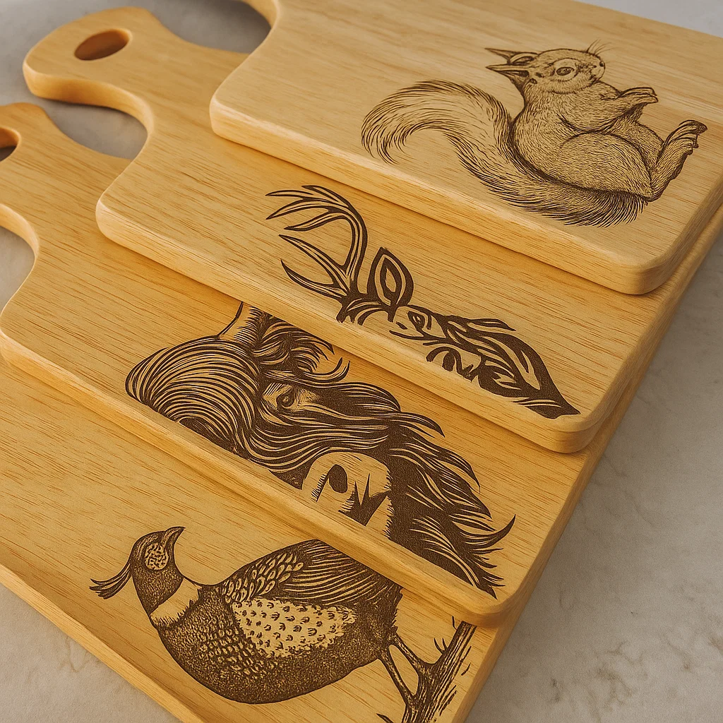 Set of four engraved Scottish wildlife serving board, featuring Stag, Highland Cow, Red Squirrel, and Pheasant designs.
