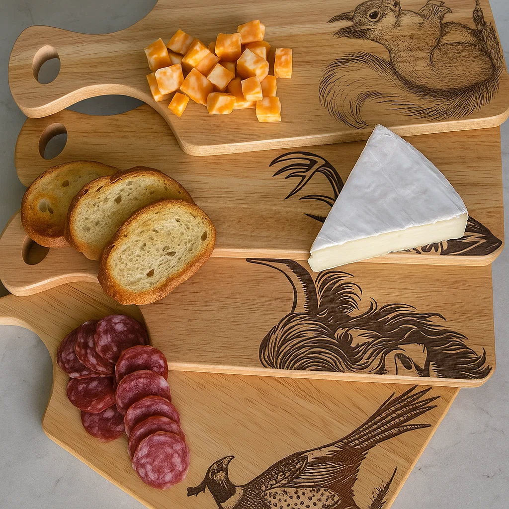 Set of four engraved Scottish wildlife serving board, featuring Stag, Highland Cow, Red Squirrel, and Pheasant designs.