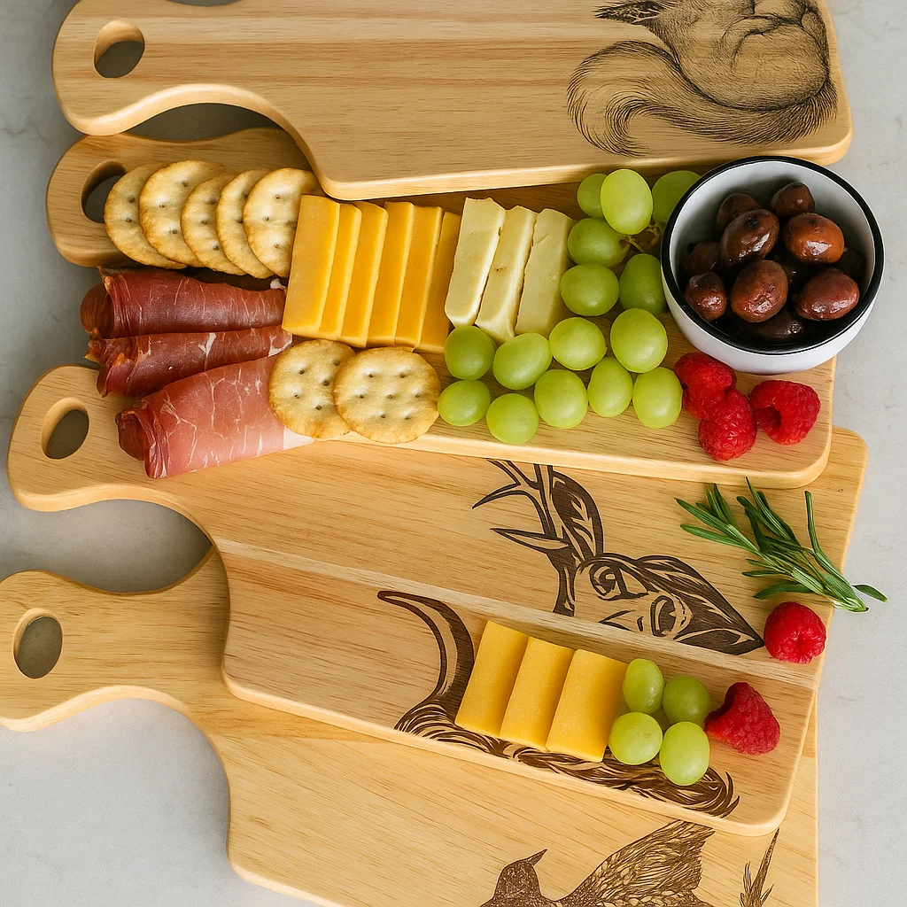 Set of four engraved Scottish wildlife serving board, featuring Stag, Highland Cow, Red Squirrel, and Pheasant designs.