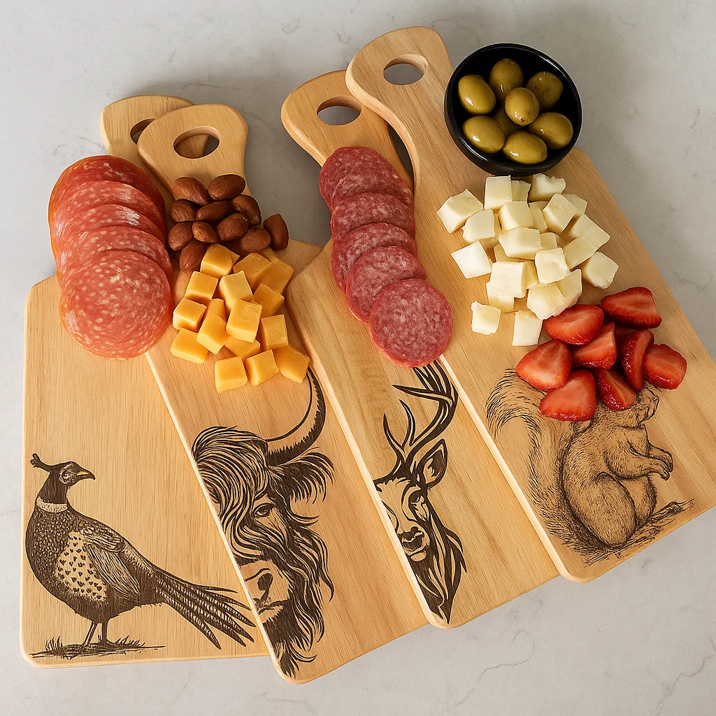 Set of four engraved Scottish wildlife serving board, featuring Stag, Highland Cow, Red Squirrel, and Pheasant designs.
