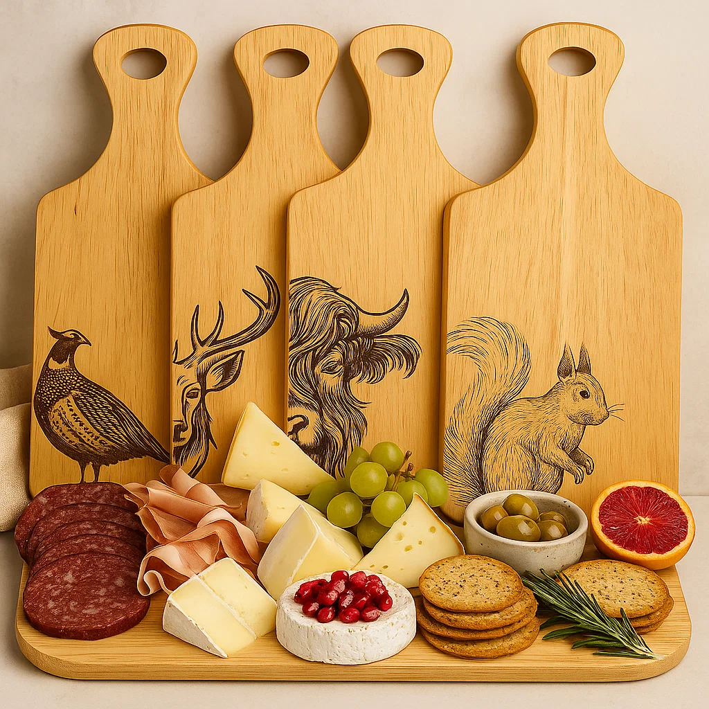 Set of four engraved Scottish wildlife serving board, featuring Stag, Highland Cow, Red Squirrel, and Pheasant designs.
