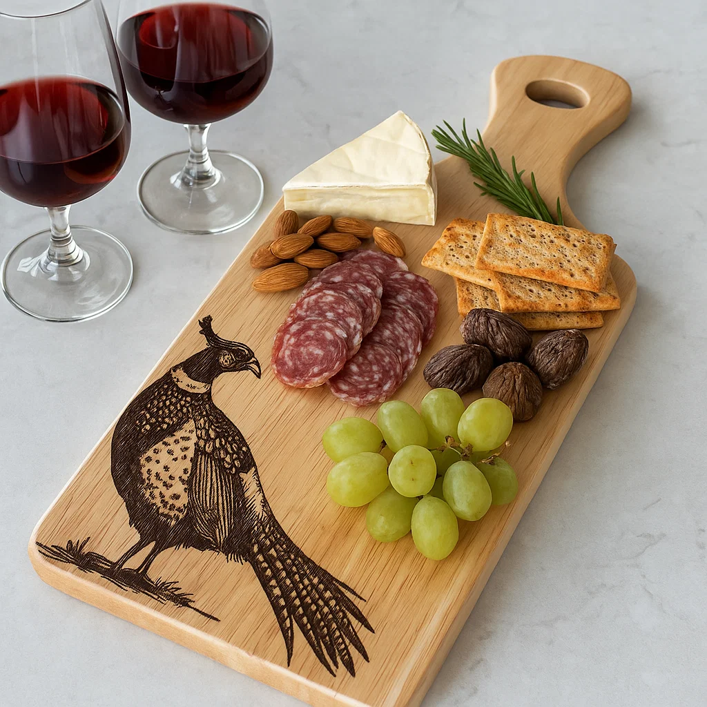 Engraved serving board featuring Scotland’s elegant Pheasant, handcrafted from sustainable rubberwood.