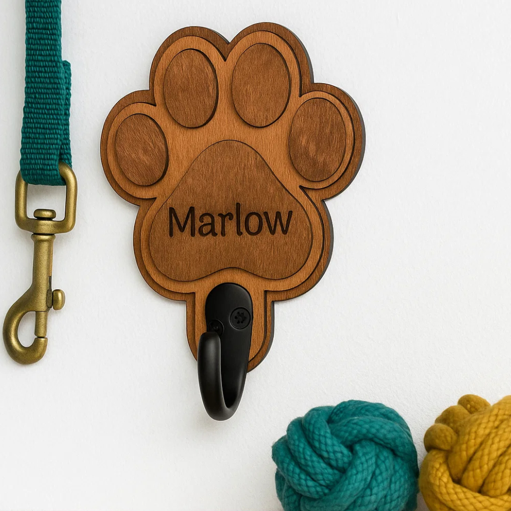 Wooden dog paw lead holder engraved with pet name