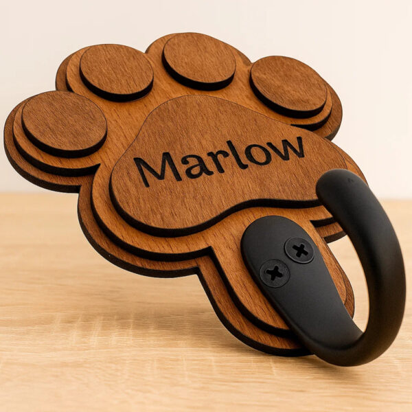 Wooden dog paw lead holder engraved with pet name