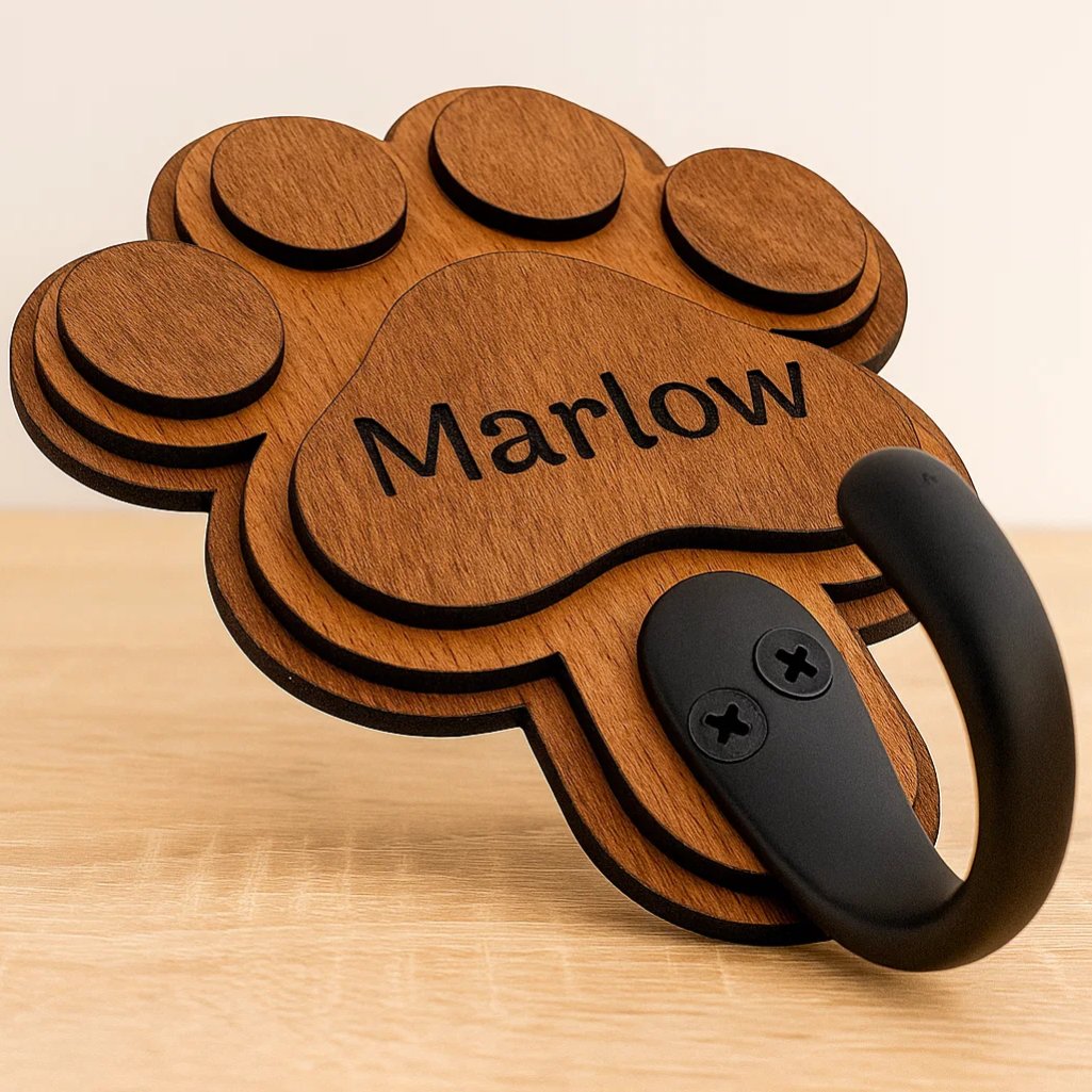 Wooden dog paw lead holder engraved with pet name