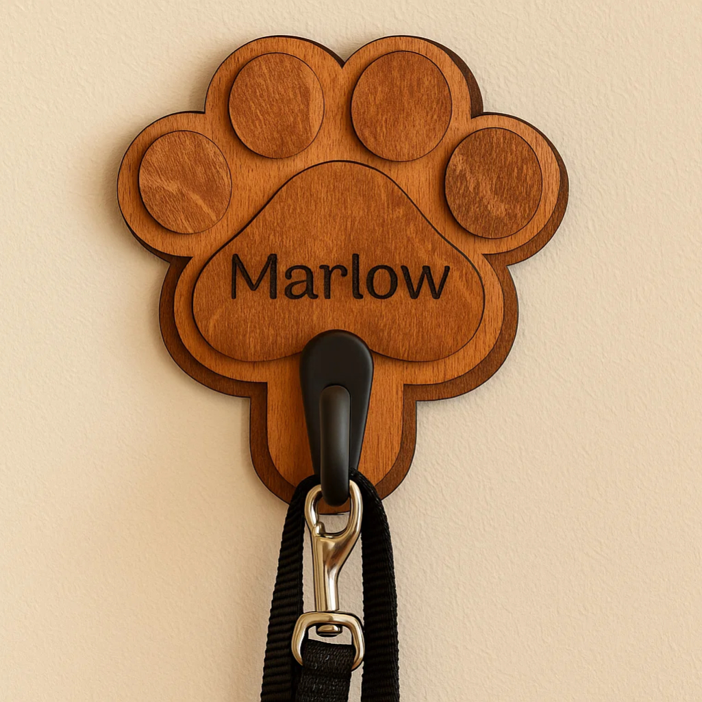 Wooden dog paw lead holder engraved with pet name