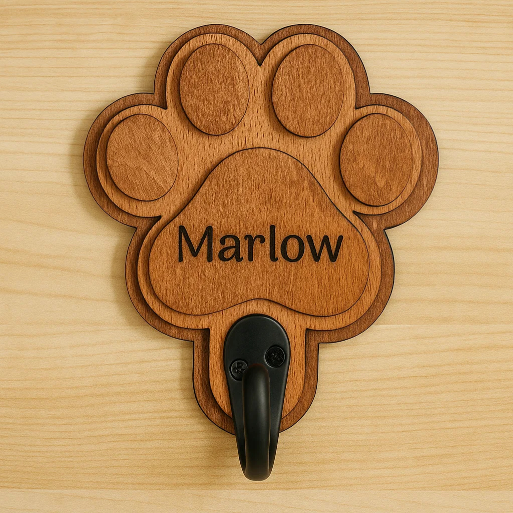 Wooden dog paw lead holder engraved with pet name