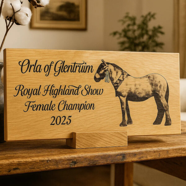 Personalised oak horse plaque engraved with name and photo
