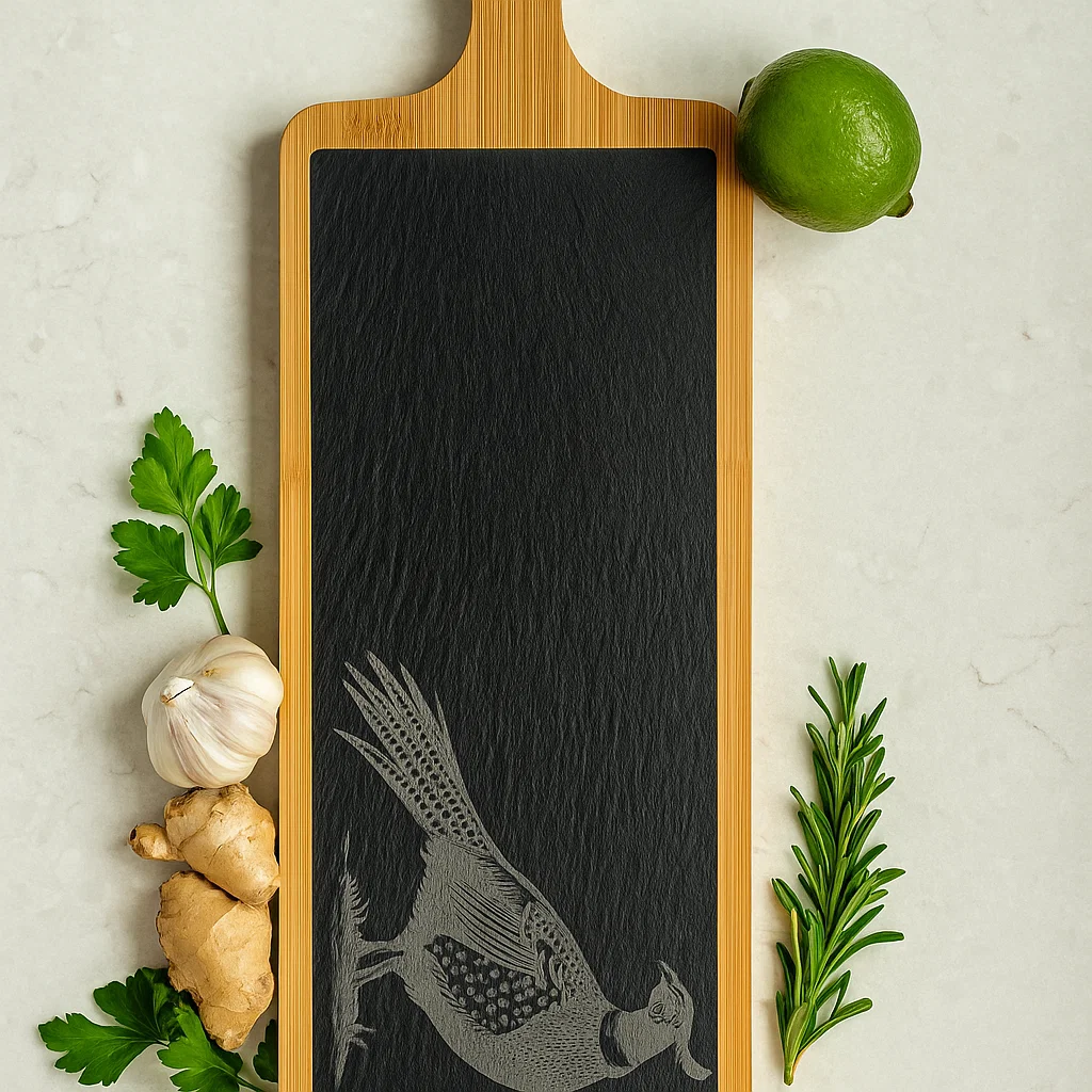 Wood and slate Charcuterie board with an engraved Pheasant. Part of the Scottish Wildlife Collection.