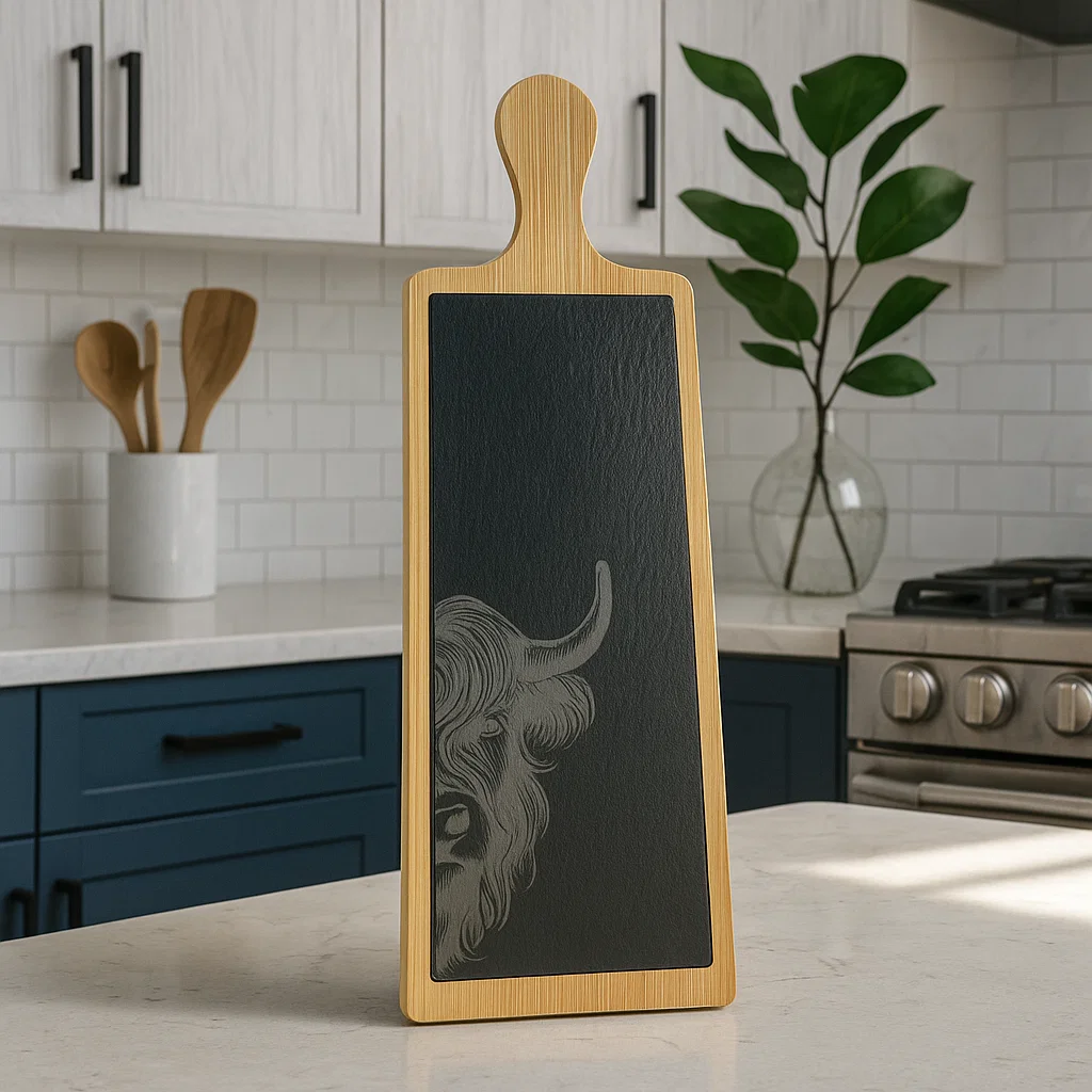Wood and slate Charcuterie board with an engraved Highland Cow. Part of the Scottish Wildlife Collection.