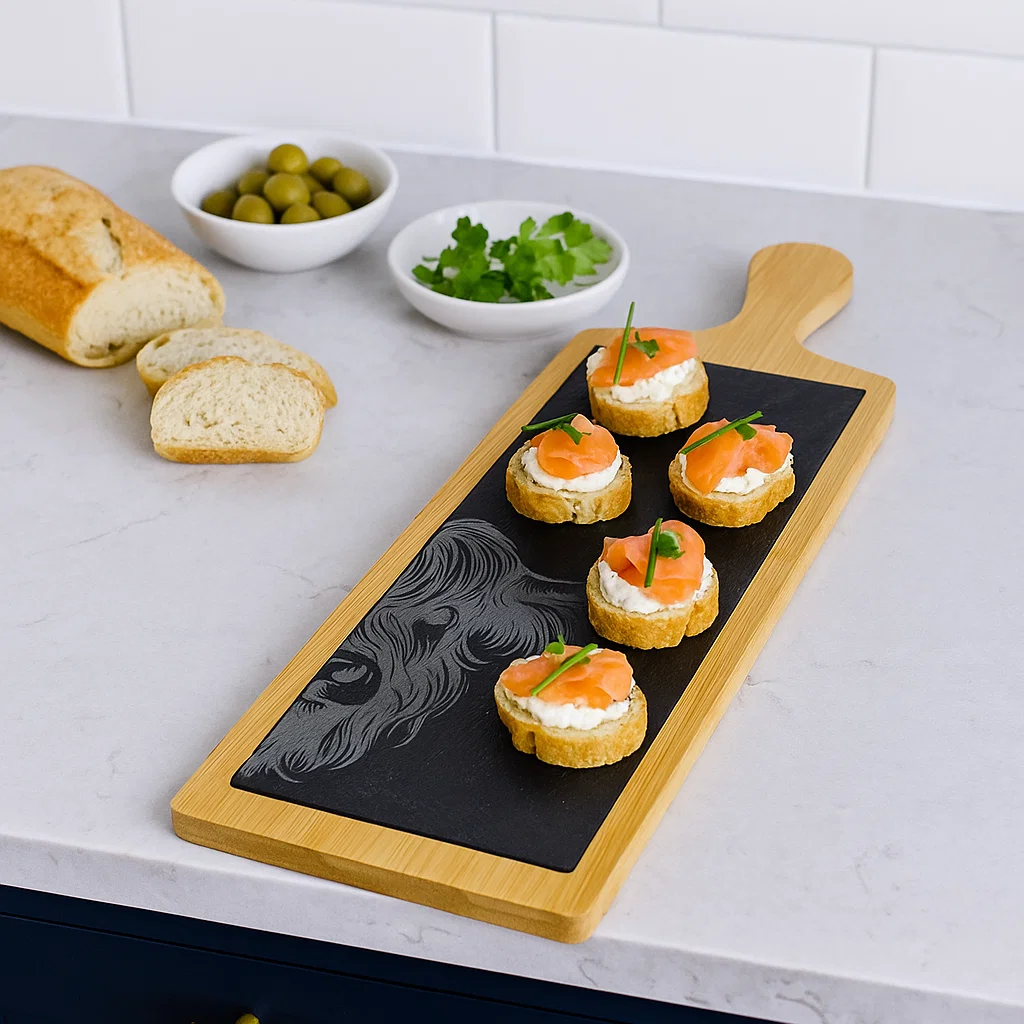 Wood and slate Charcuterie board with an engraved Highland Cow. Part of the Scottish Wildlife Collection.