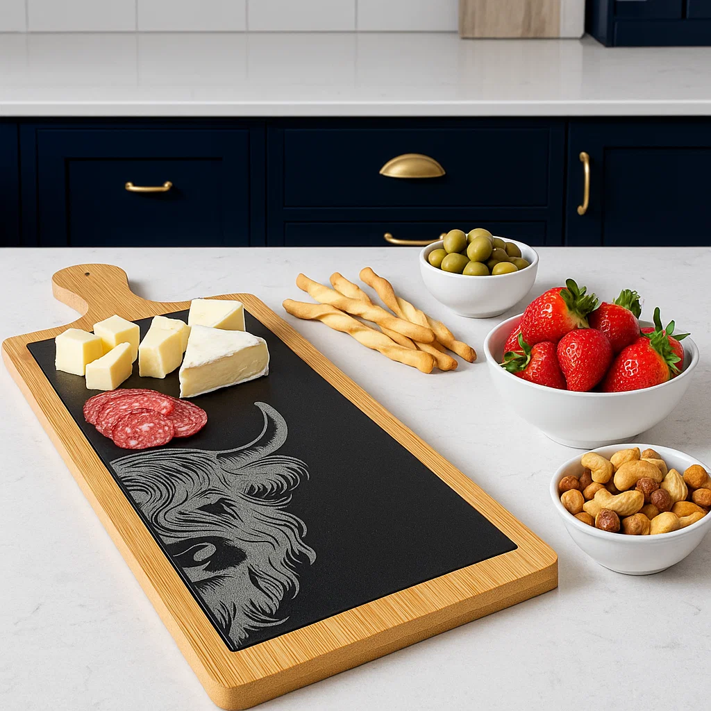 Wood and slate Charcuterie board with an engraved Highland Cow. Part of the Scottish Wildlife Collection.