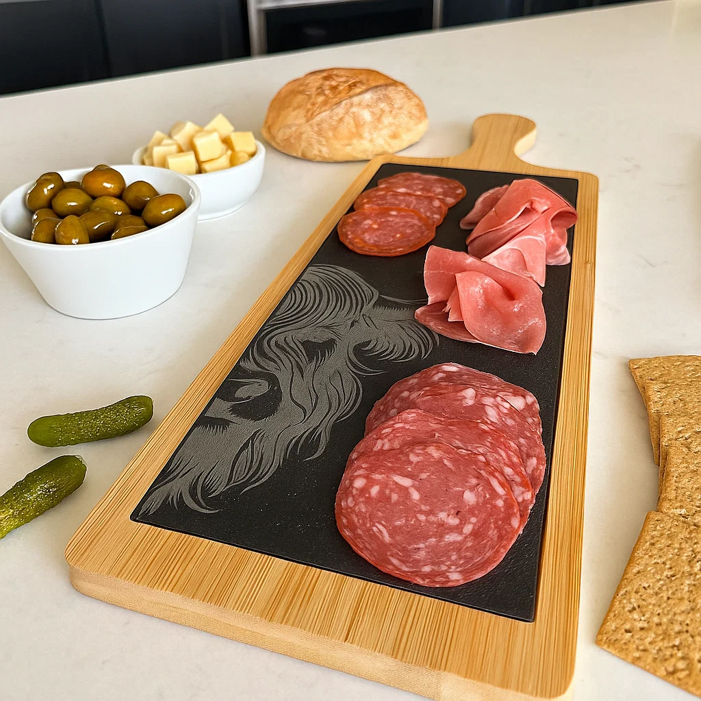 Wood and slate Charcuterie board with an engraved Highland Cow. Part of the Scottish Wildlife Collection.