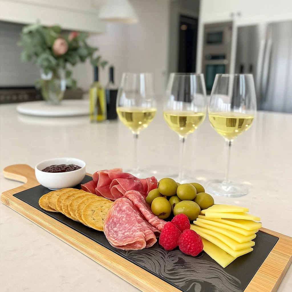 Wood and slate Charcuterie board with an engraved Highland Cow. Part of the Scottish Wildlife Collection.