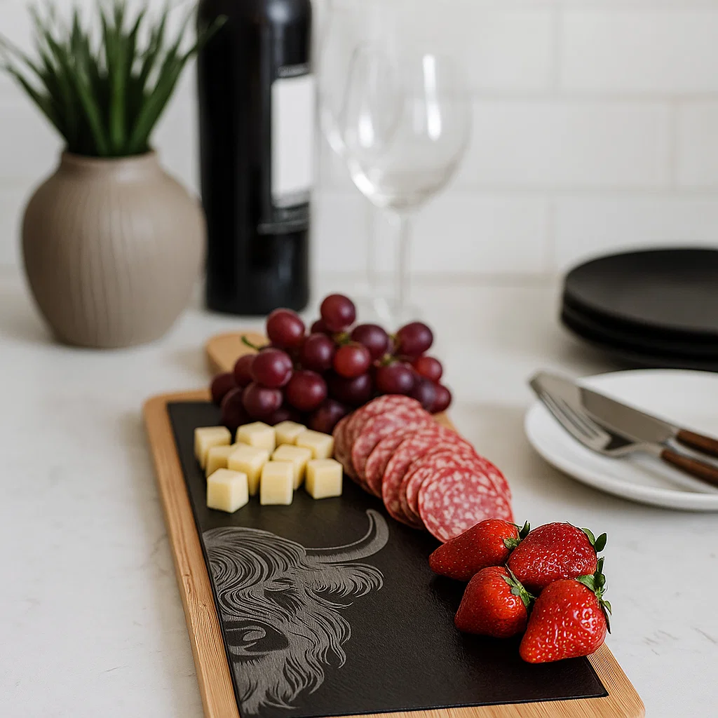 Wood and slate Charcuterie board with an engraved Highland Cow. Part of the Scottish Wildlife Collection.