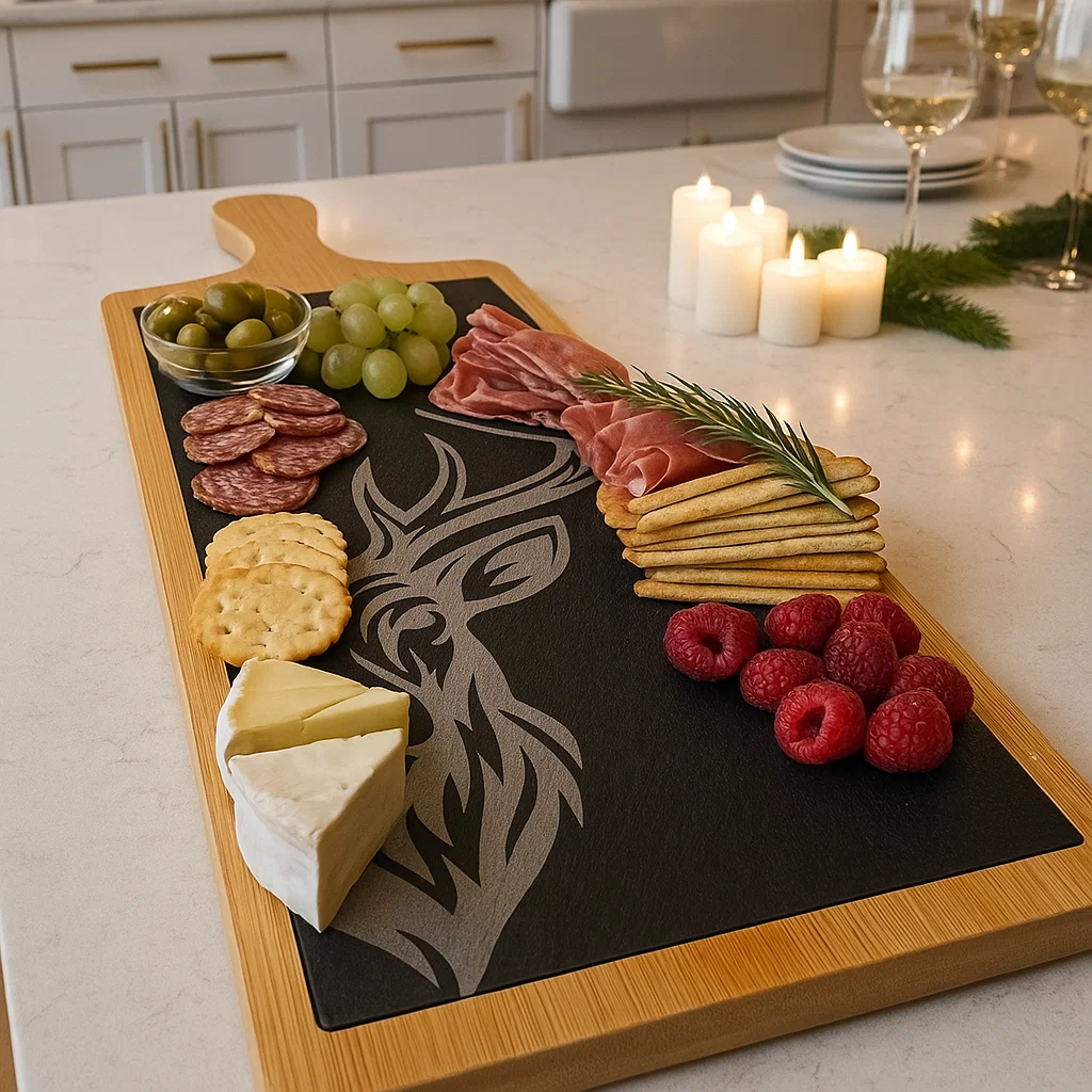 Wood and slate Charcuterie board with an engraved Stag. Part of the Scottish Wildlife Collection.