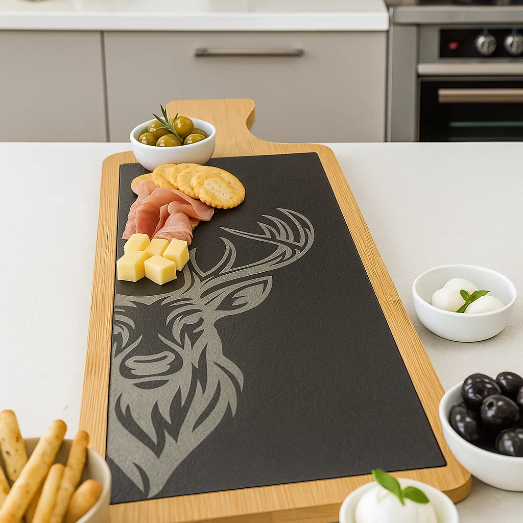 Wood and slate Charcuterie board with an engraved Stag. Part of the Scottish Wildlife Collection.