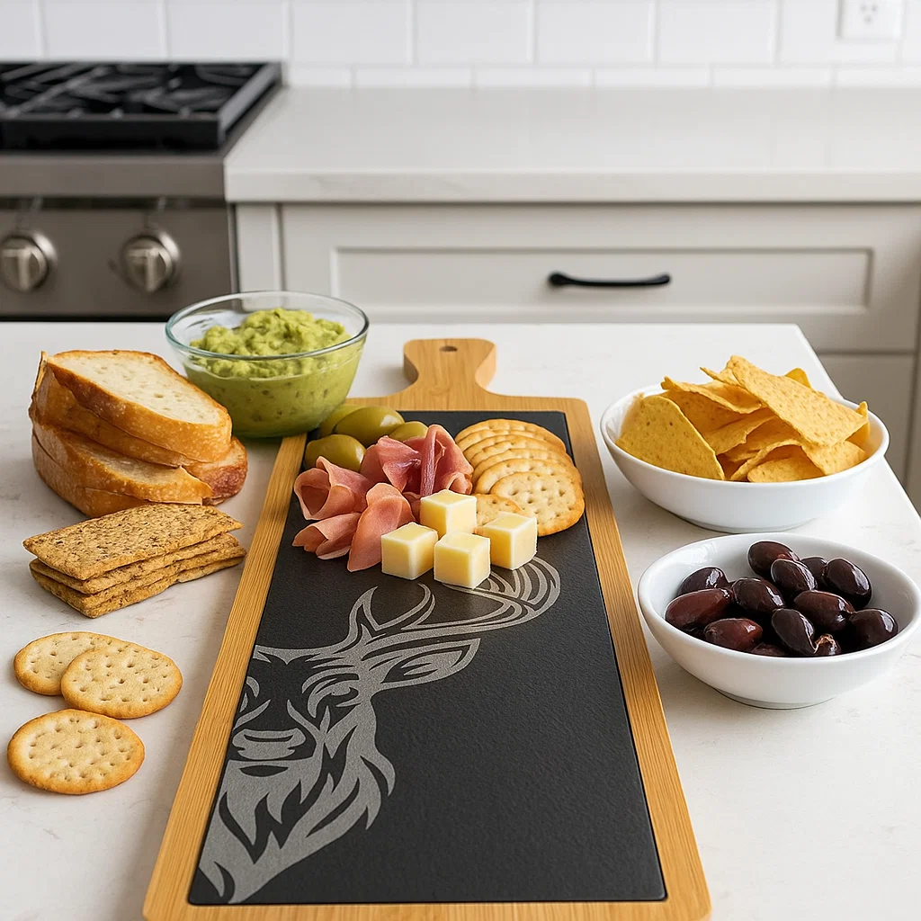 Wood and slate Charcuterie board with an engraved Stag. Part of the Scottish Wildlife Collection.