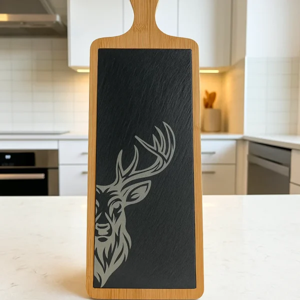 Wood and slate Charcuterie board with an engraved Stag. Part of the Scottish Wildlife Collection.