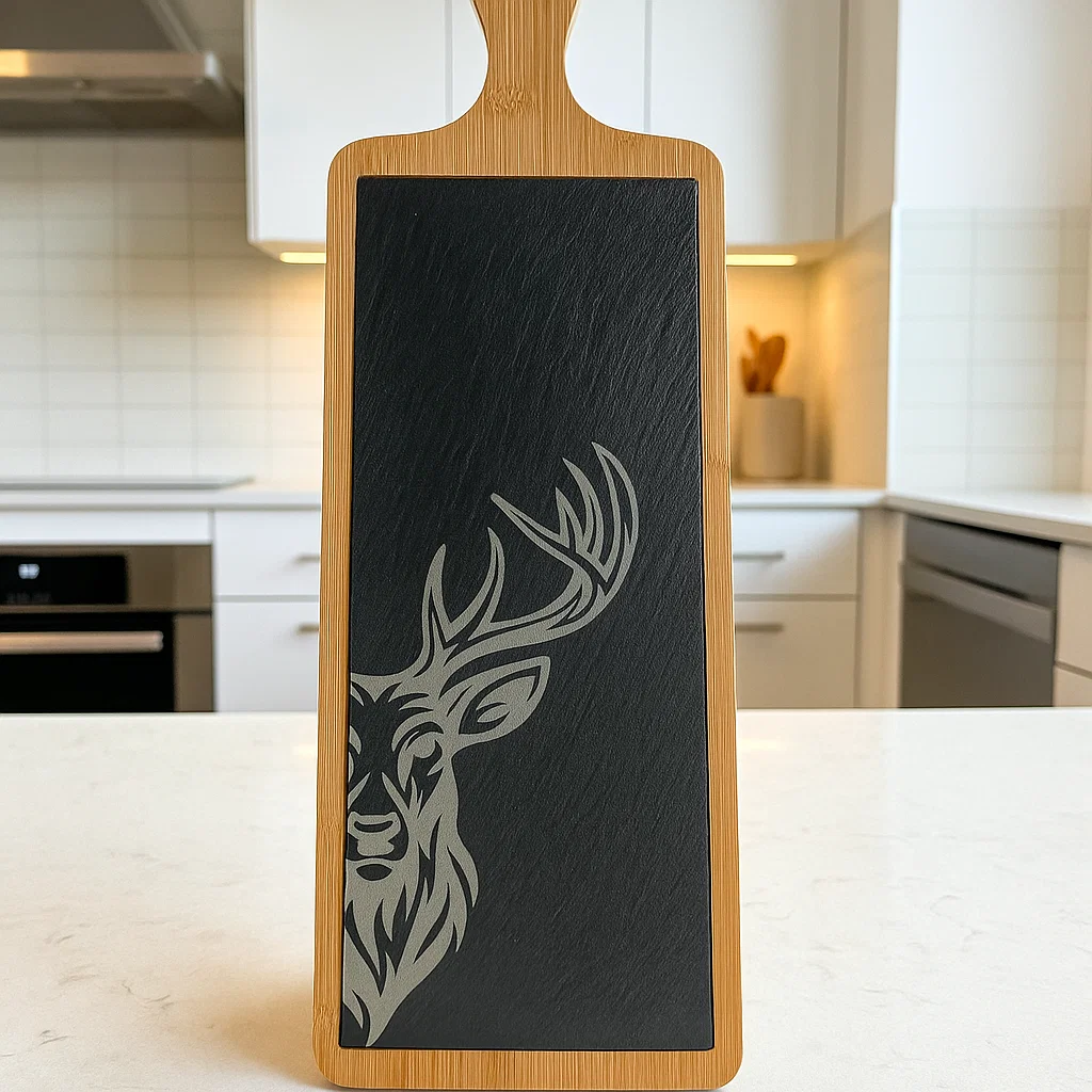 Wood and slate Charcuterie board with an engraved Stag. Part of the Scottish Wildlife Collection.