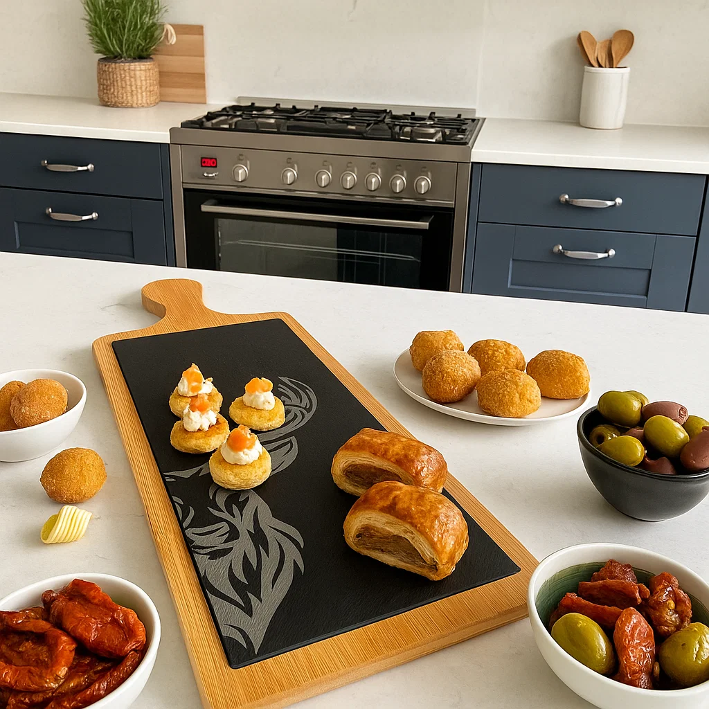Wood and slate Charcuterie board with an engraved Stag. Part of the Scottish Wildlife Collection.