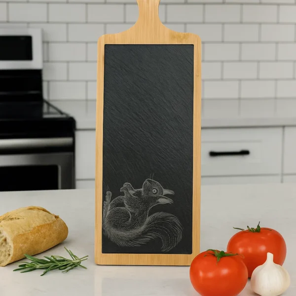 Wood and slate Charcuterie board with an engraved Red Squirrel. Part of the Scottish Wildlife Collection.