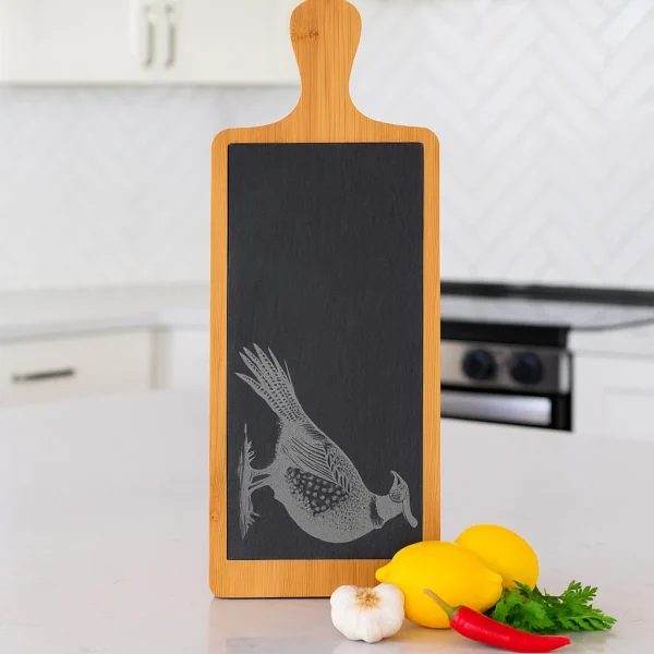 Wood and slate Charcuterie board with an engraved Pheasant. Part of the Scottish Wildlife Collection.
