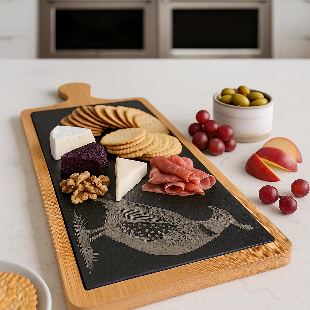 Wood and slate Charcuterie board with an engraved Pheasant. Part of the Scottish Wildlife Collection.
