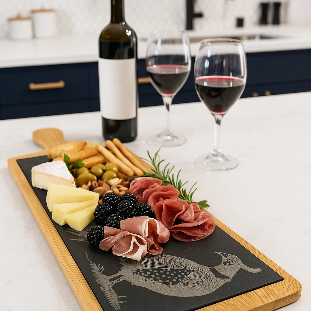 Wood and slate Charcuterie board with an engraved Pheasant. Part of the Scottish Wildlife Collection.
