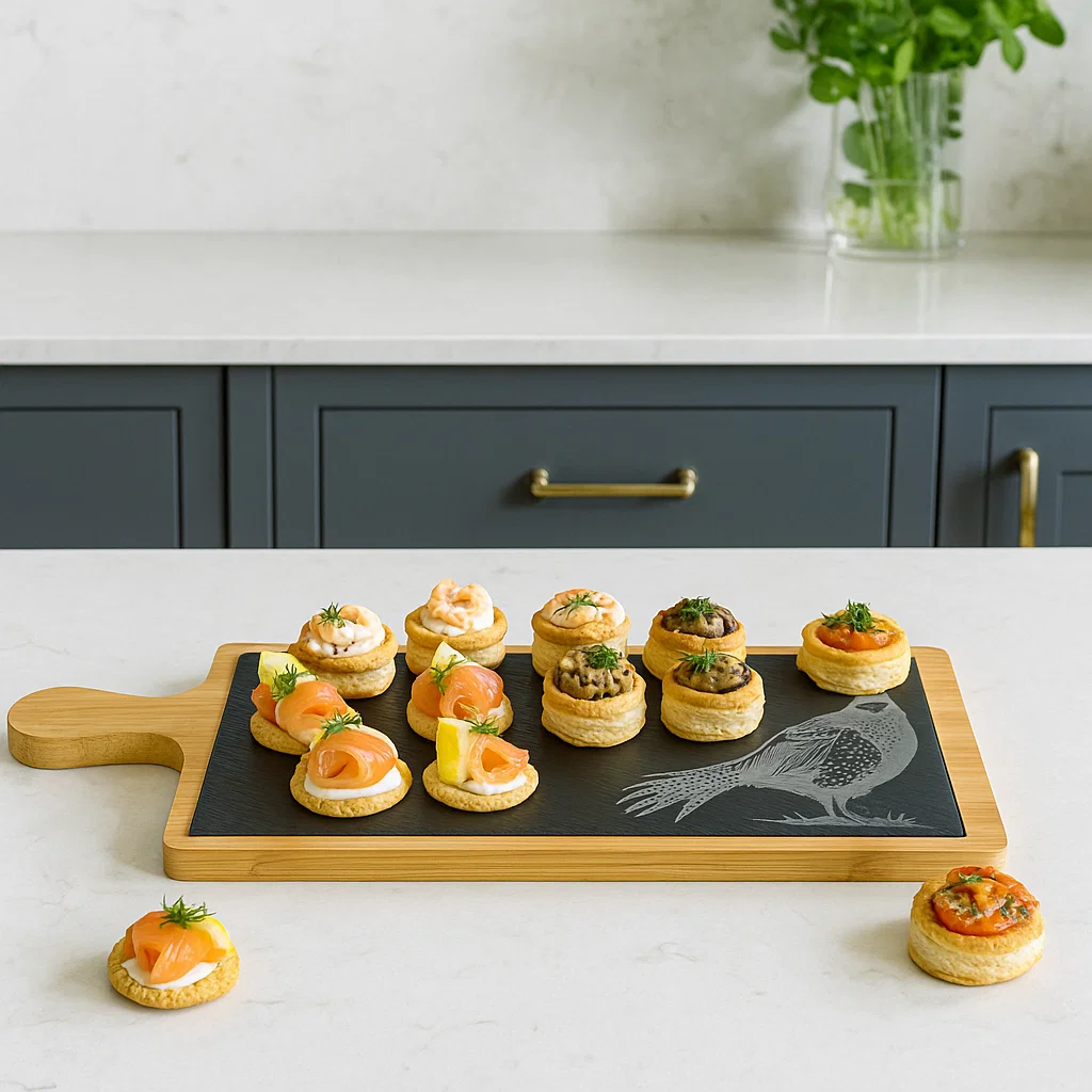 Wood and slate Charcuterie board with an engraved Pheasant. Part of the Scottish Wildlife Collection.
