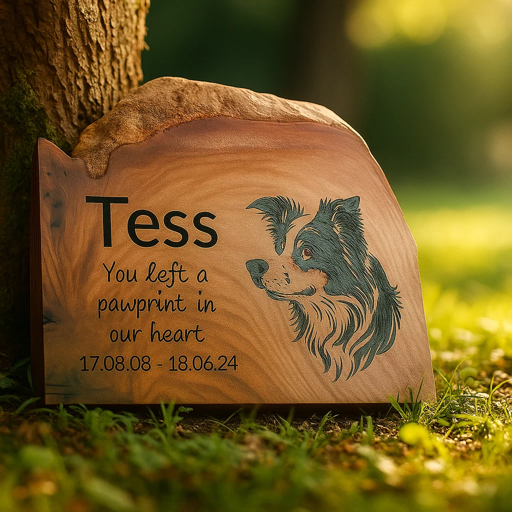 rustic oak sign with an engraved photo of a pet and instruction with dates