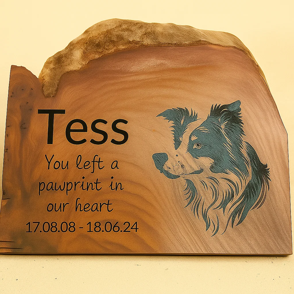 rustic oak sign with an engraved photo of a pet and instruction with dates