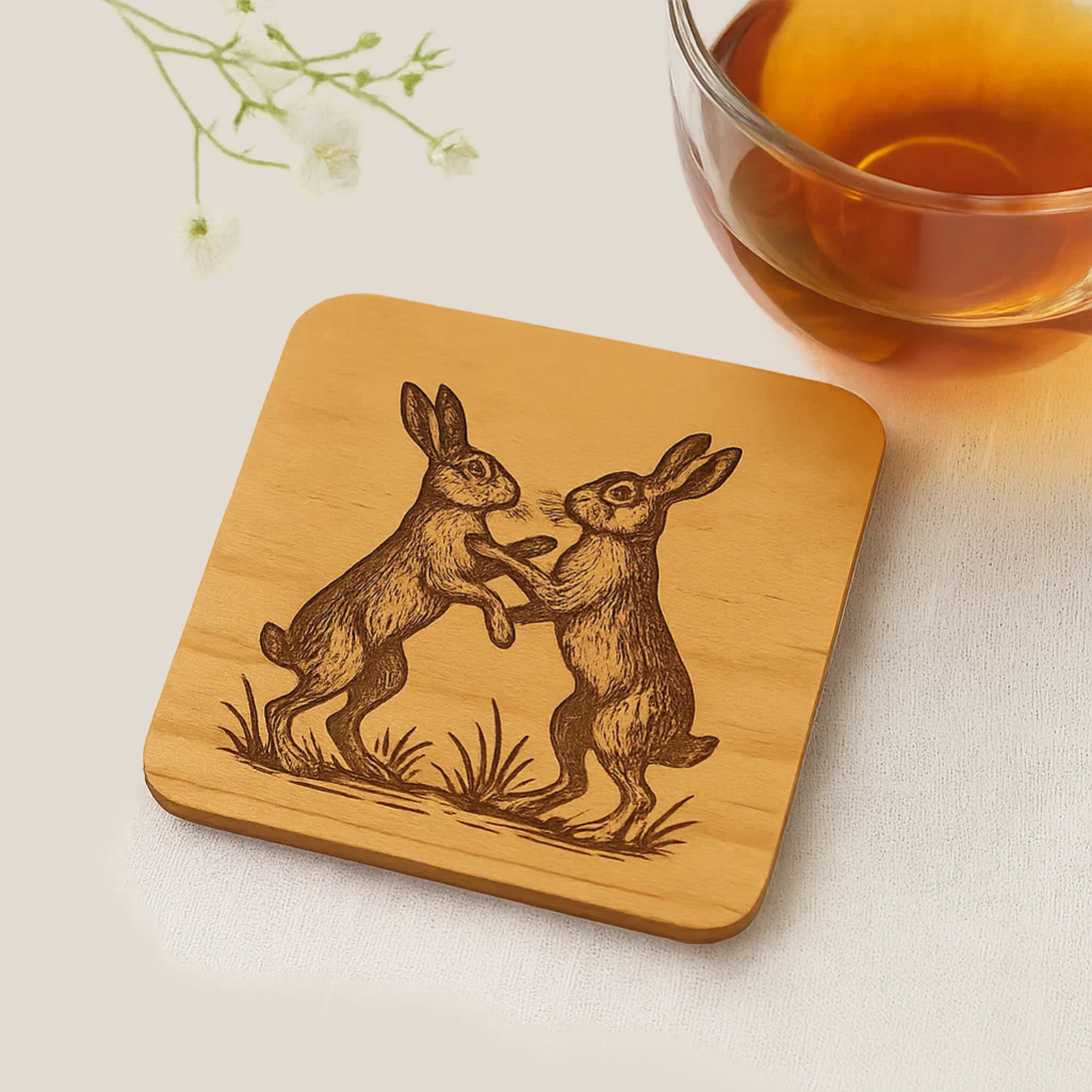 Wooden coater with a pair of hares engraved in it