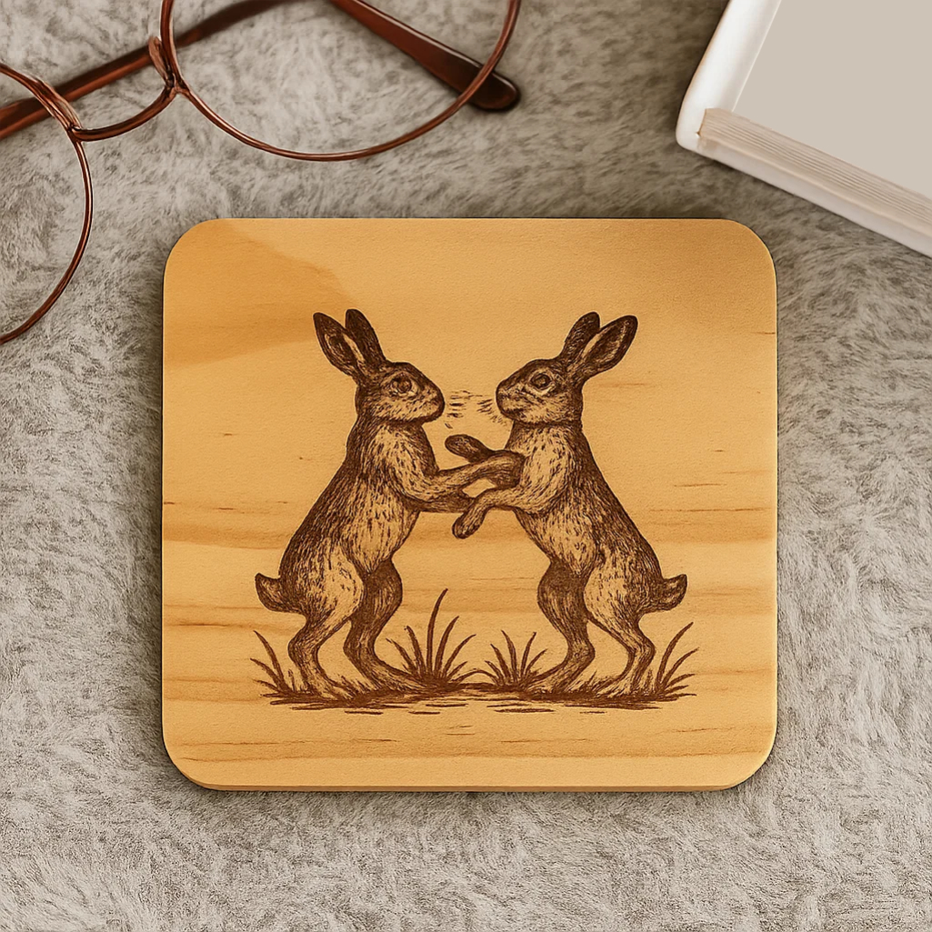 Wooden coater with a pair of hares engraved in it