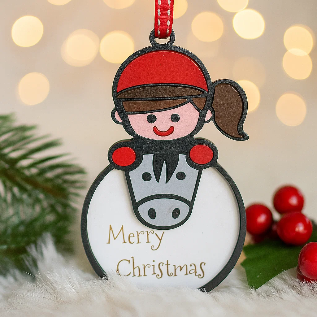 Christmas Bauble with pony and rider with the words Merry Christmas engraved on it