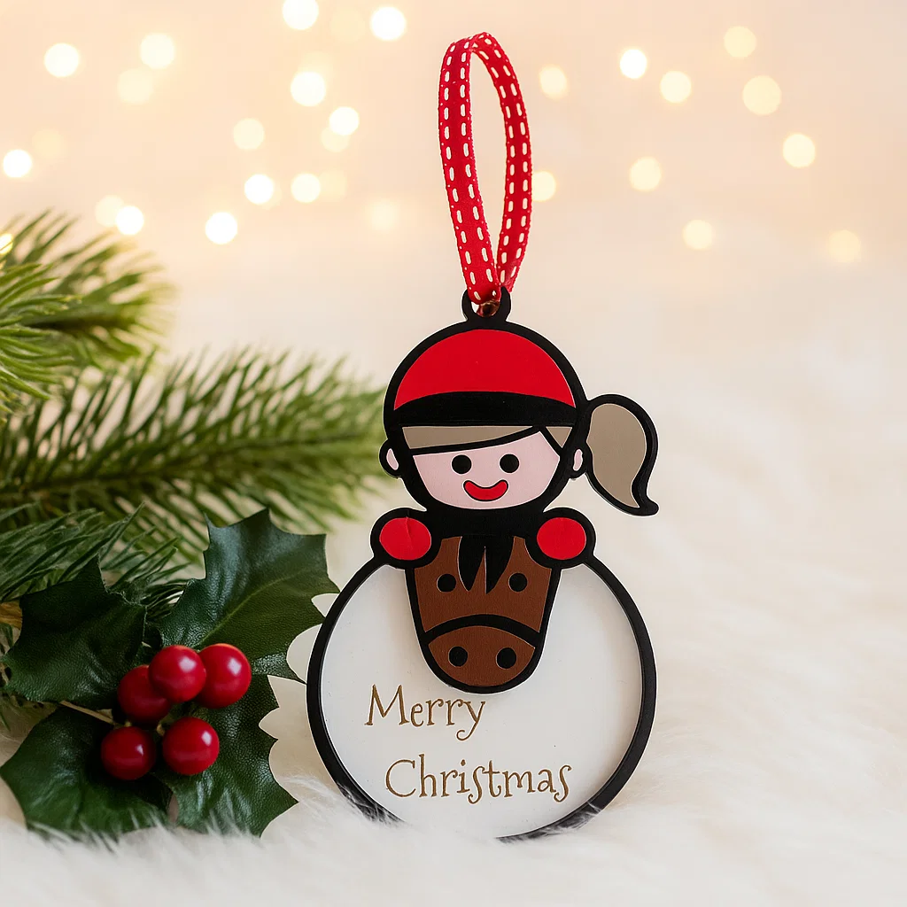 Christmas Bauble with pony and rider with the words Merry Christmas engraved on it