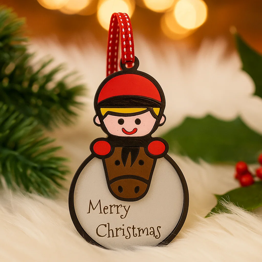 Christmas Bauble with pony and rider with the words Merry Christmas engraved on it