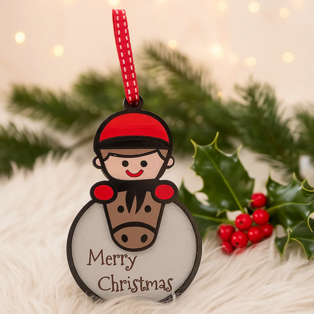 Christmas Bauble with pony and rider with the words Merry Christmas engraved on it