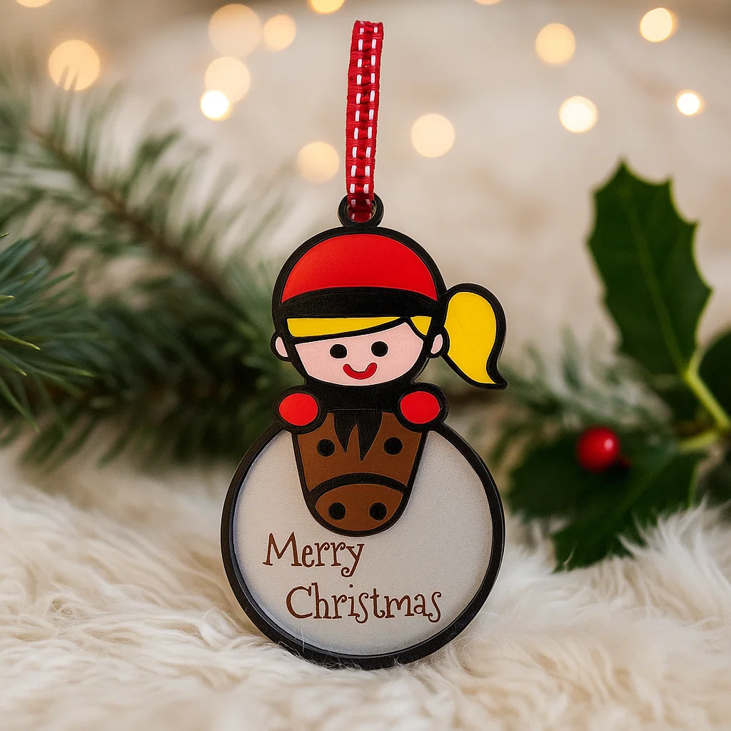 Christmas Bauble with pony and rider with the words Merry Christmas engraved on it