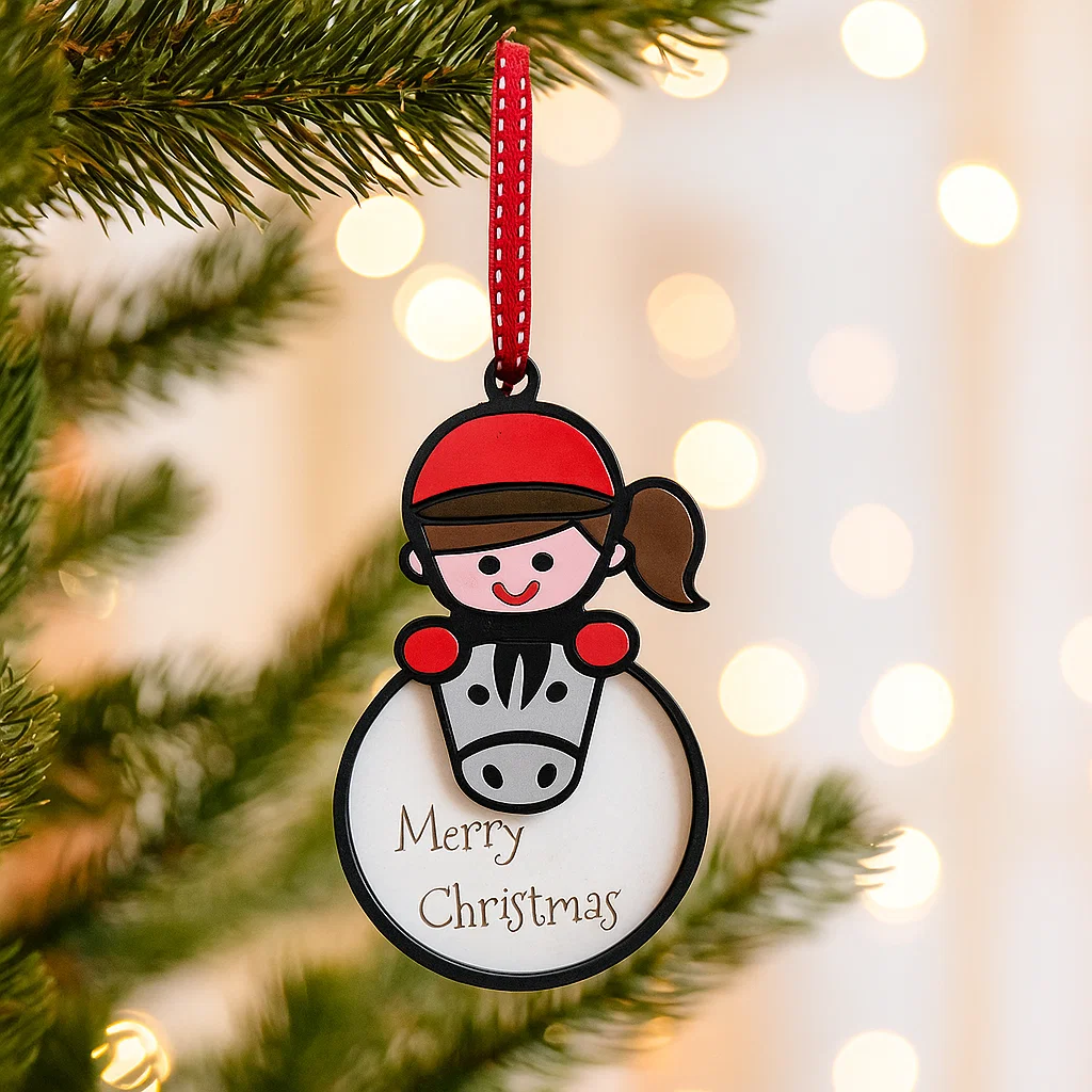 Christmas Bauble with pony and rider with the words Merry Christmas engraved on it