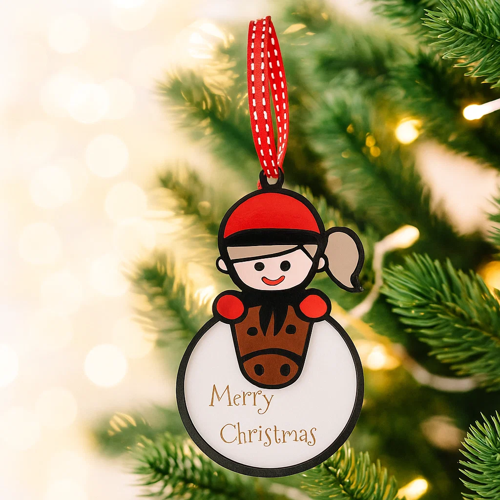 Christmas Bauble with pony and rider with the words Merry Christmas engraved on it
